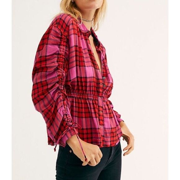 Free People Red Pacific Dawn Shirt Small NWT - Picture 1 of 10